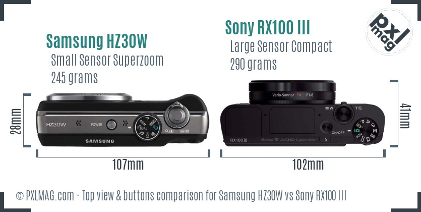 Samsung HZ30W vs Sony RX100 III top view buttons comparison