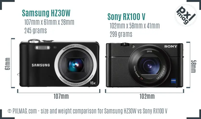 Samsung HZ30W vs Sony RX100 V size comparison