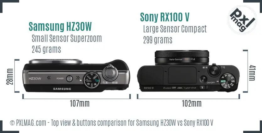 Samsung HZ30W vs Sony RX100 V top view buttons comparison