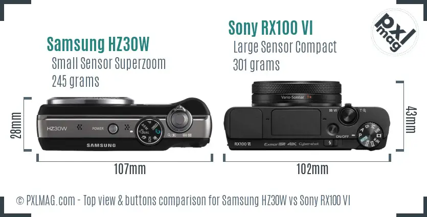 Samsung HZ30W vs Sony RX100 VI top view buttons comparison