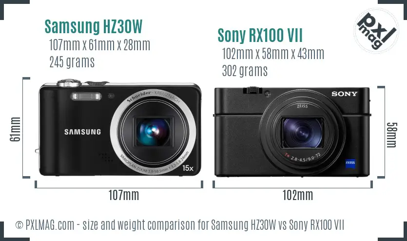 Samsung HZ30W vs Sony RX100 VII size comparison