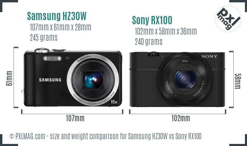 Samsung HZ30W vs Sony RX100 size comparison