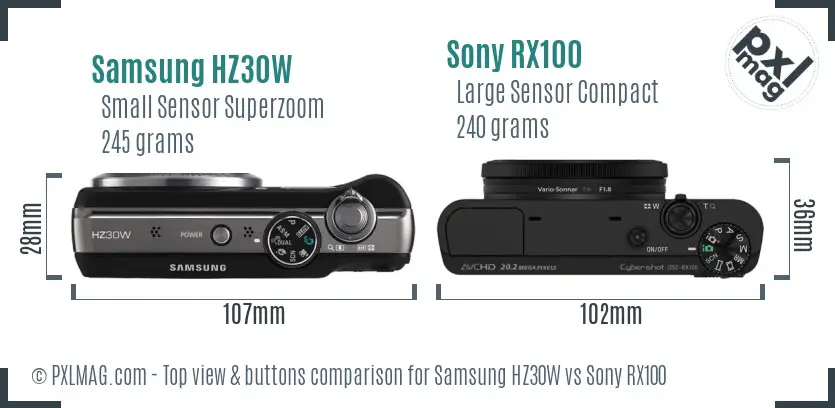 Samsung HZ30W vs Sony RX100 top view buttons comparison