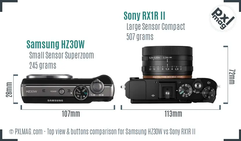 Samsung HZ30W vs Sony RX1R II top view buttons comparison