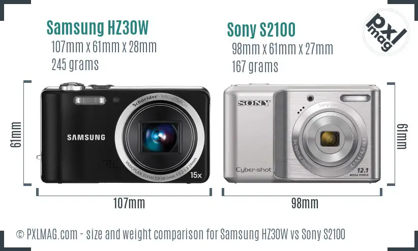 Samsung HZ30W vs Sony S2100 size comparison