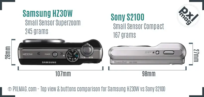 Samsung HZ30W vs Sony S2100 top view buttons comparison