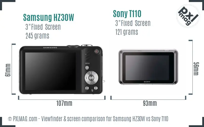 Samsung HZ30W vs Sony T110 Screen and Viewfinder comparison