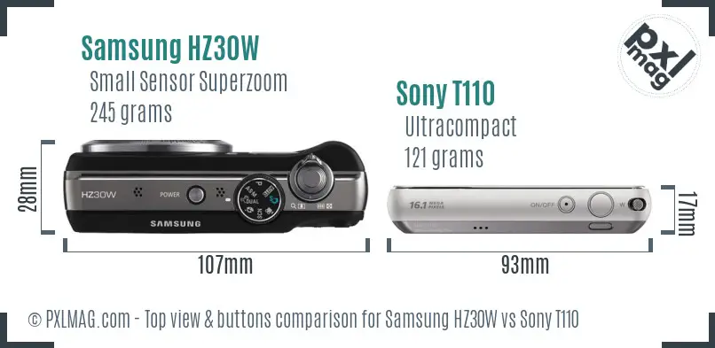 Samsung HZ30W vs Sony T110 top view buttons comparison