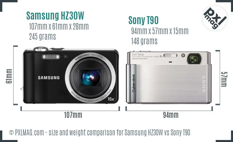 Samsung HZ30W vs Sony T90 size comparison