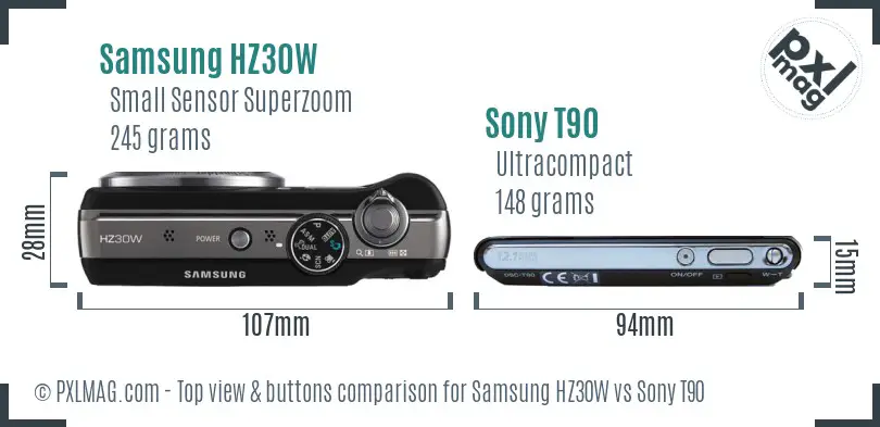 Samsung HZ30W vs Sony T90 top view buttons comparison