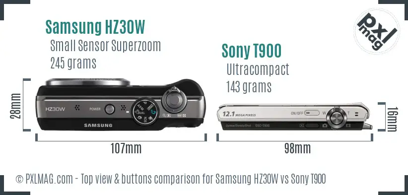 Samsung HZ30W vs Sony T900 top view buttons comparison