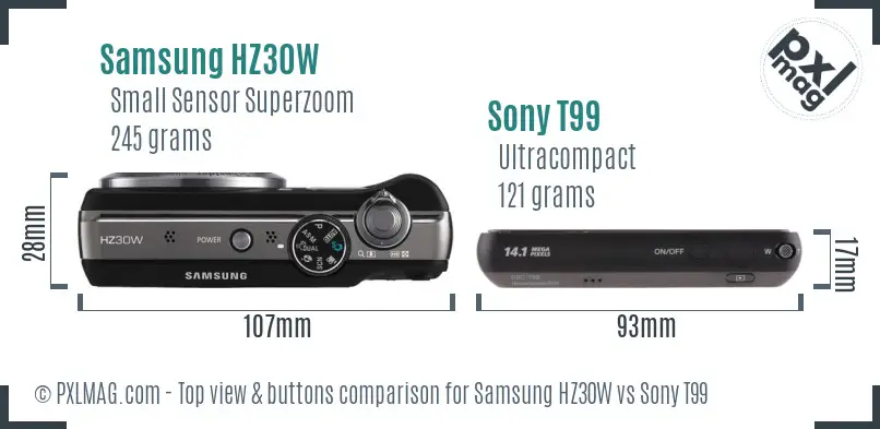 Samsung HZ30W vs Sony T99 top view buttons comparison