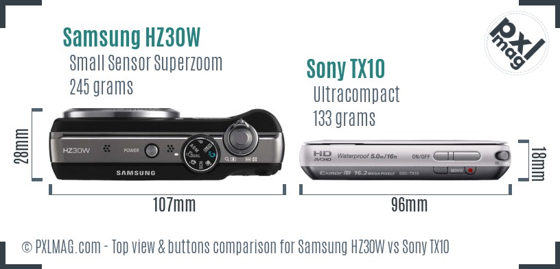 Samsung HZ30W vs Sony TX10 top view buttons comparison