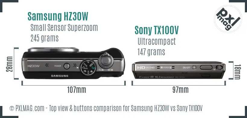 Samsung HZ30W vs Sony TX100V top view buttons comparison