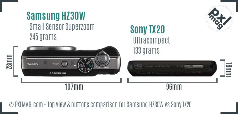 Samsung HZ30W vs Sony TX20 top view buttons comparison