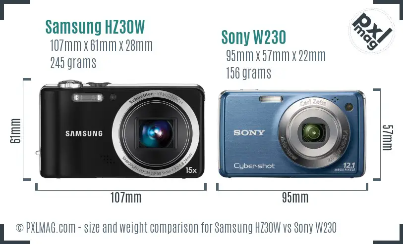 Samsung HZ30W vs Sony W230 size comparison