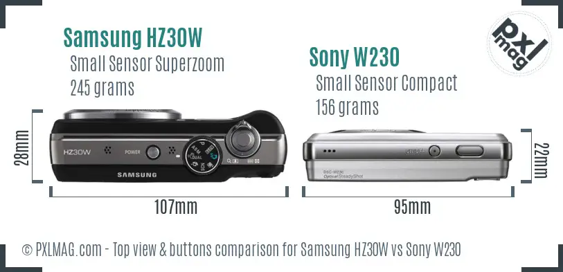 Samsung HZ30W vs Sony W230 top view buttons comparison