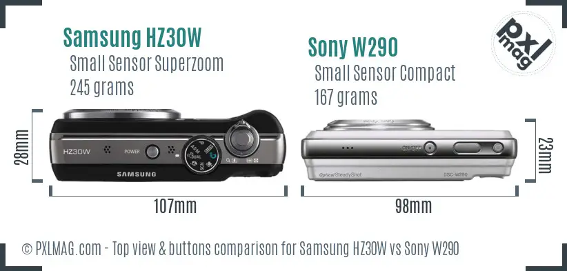 Samsung HZ30W vs Sony W290 top view buttons comparison