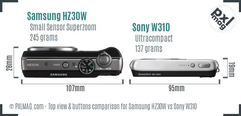 Samsung HZ30W vs Sony W310 top view buttons comparison