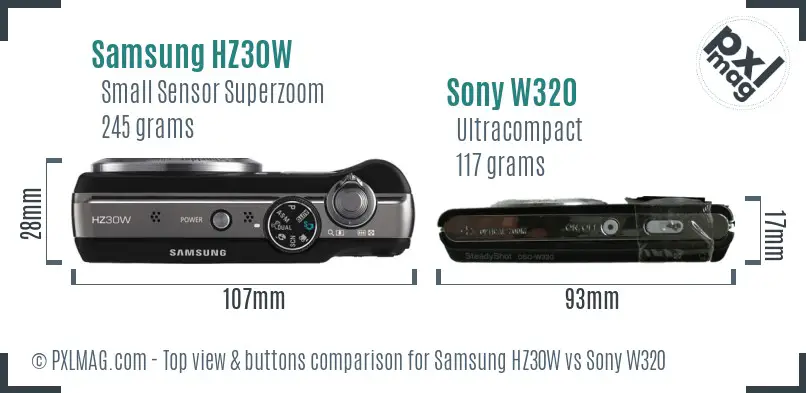 Samsung HZ30W vs Sony W320 top view buttons comparison