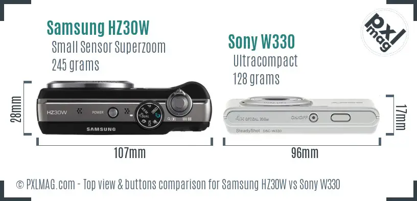 Samsung HZ30W vs Sony W330 top view buttons comparison