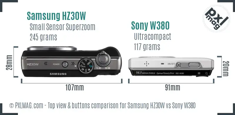 Samsung HZ30W vs Sony W380 top view buttons comparison