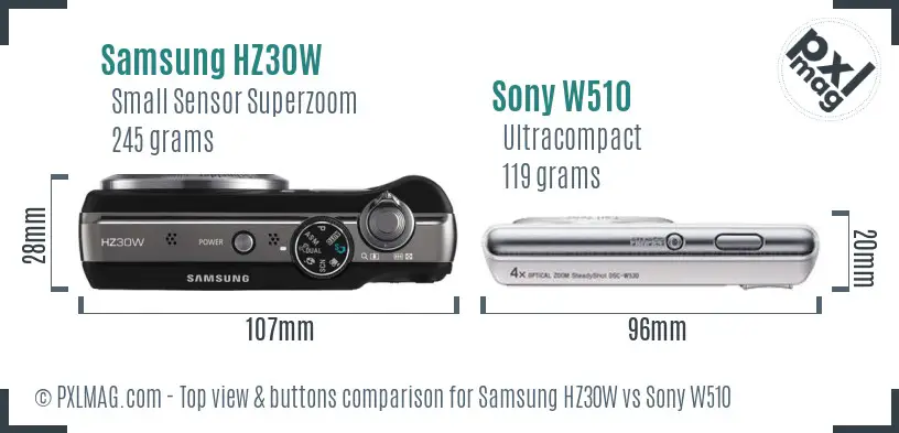 Samsung HZ30W vs Sony W510 top view buttons comparison