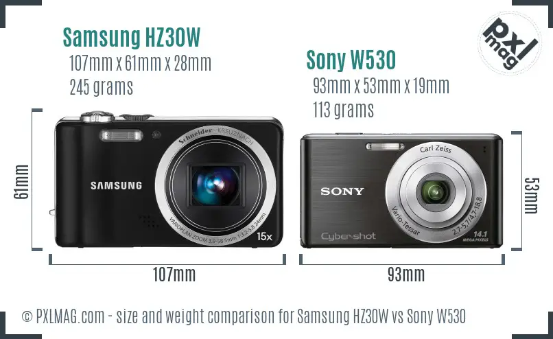 Samsung HZ30W vs Sony W530 size comparison