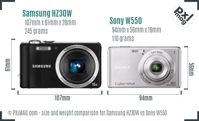 Samsung HZ30W vs Sony W550 size comparison