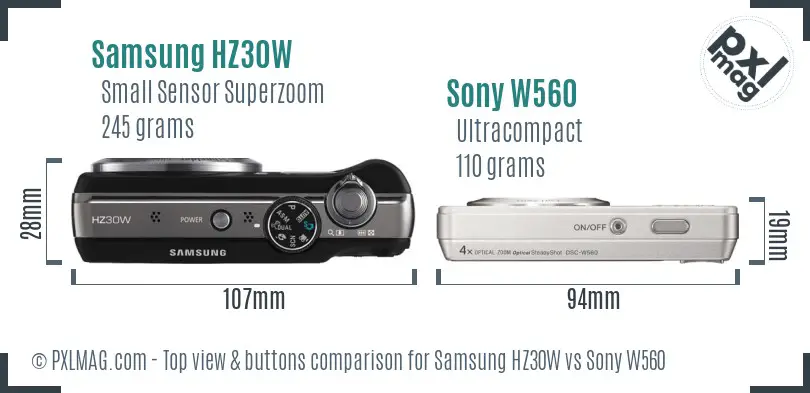 Samsung HZ30W vs Sony W560 top view buttons comparison