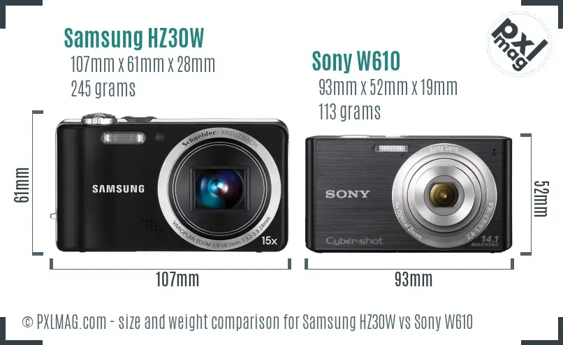 Samsung HZ30W vs Sony W610 size comparison