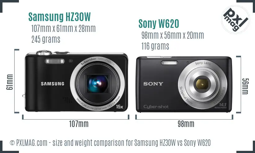 Samsung HZ30W vs Sony W620 size comparison
