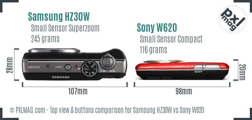 Samsung HZ30W vs Sony W620 top view buttons comparison