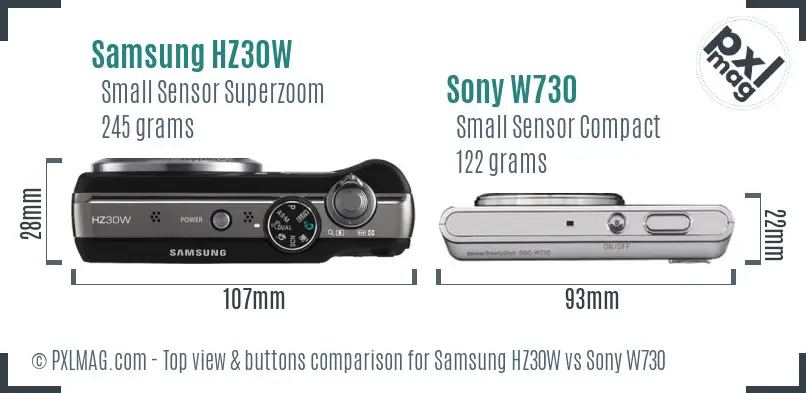Samsung HZ30W vs Sony W730 top view buttons comparison