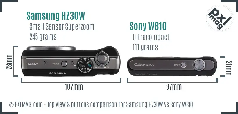 Samsung HZ30W vs Sony W810 top view buttons comparison