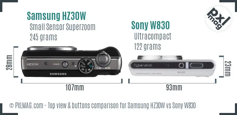 Samsung HZ30W vs Sony W830 top view buttons comparison