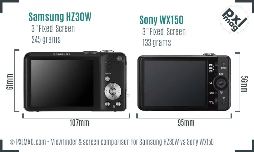Samsung HZ30W vs Sony WX150 Screen and Viewfinder comparison