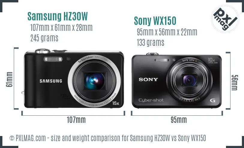 Samsung HZ30W vs Sony WX150 size comparison