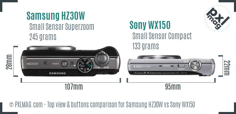 Samsung HZ30W vs Sony WX150 top view buttons comparison