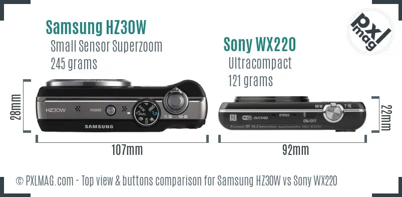 Samsung HZ30W vs Sony WX220 top view buttons comparison