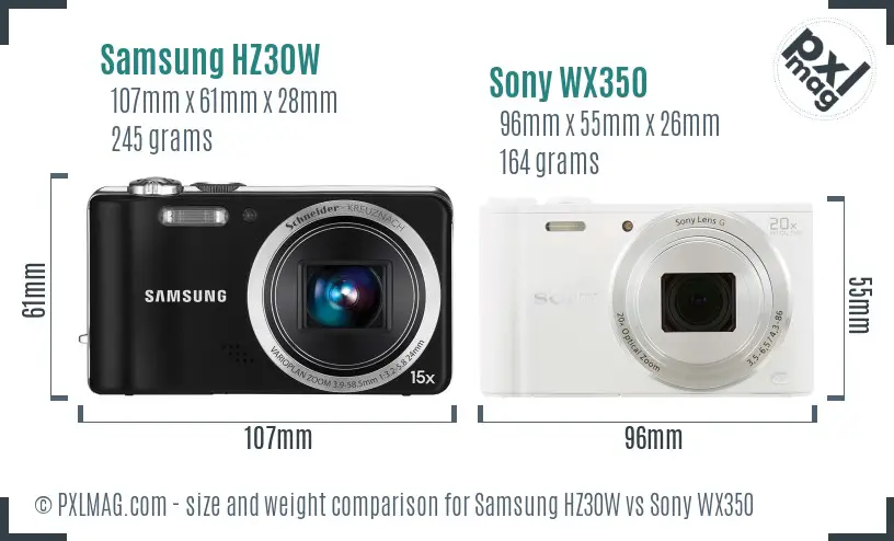 Samsung HZ30W vs Sony WX350 size comparison