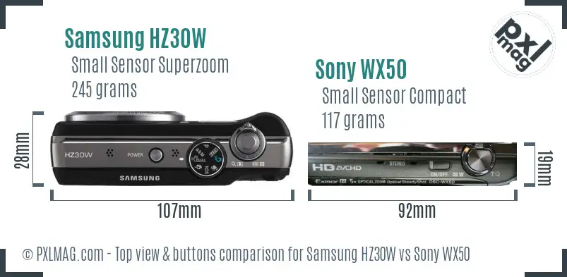 Samsung HZ30W vs Sony WX50 top view buttons comparison