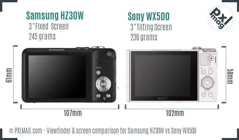 Samsung HZ30W vs Sony WX500 Screen and Viewfinder comparison