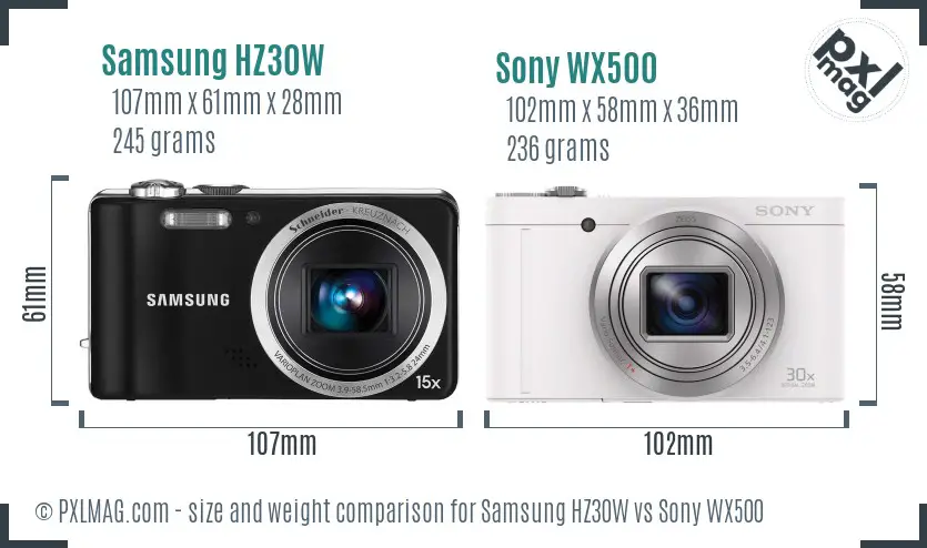 Samsung HZ30W vs Sony WX500 size comparison