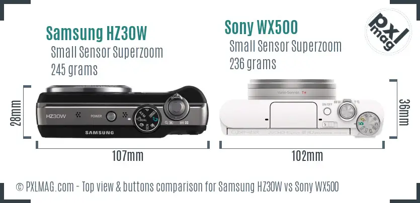 Samsung HZ30W vs Sony WX500 top view buttons comparison