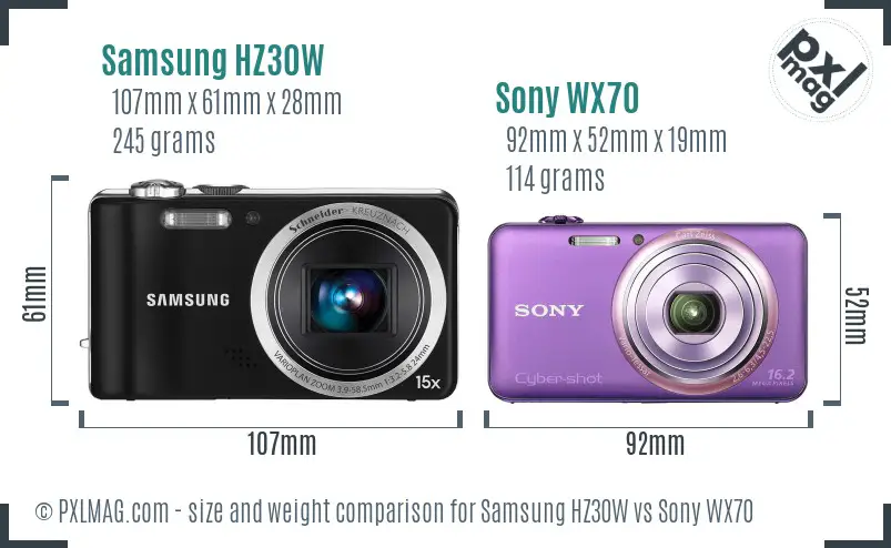 Samsung HZ30W vs Sony WX70 size comparison