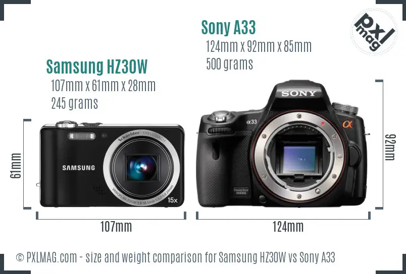 Samsung HZ30W vs Sony A33 size comparison