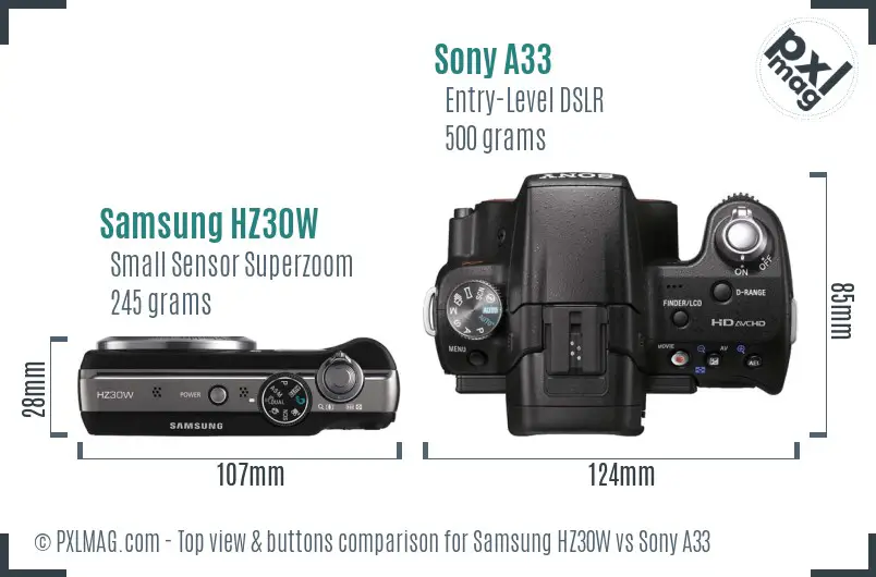 Samsung HZ30W vs Sony A33 top view buttons comparison