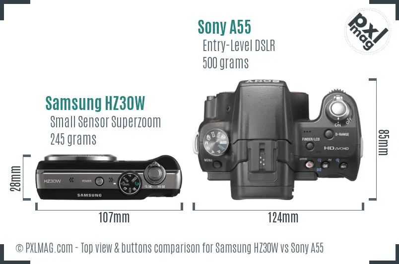Samsung HZ30W vs Sony A55 top view buttons comparison