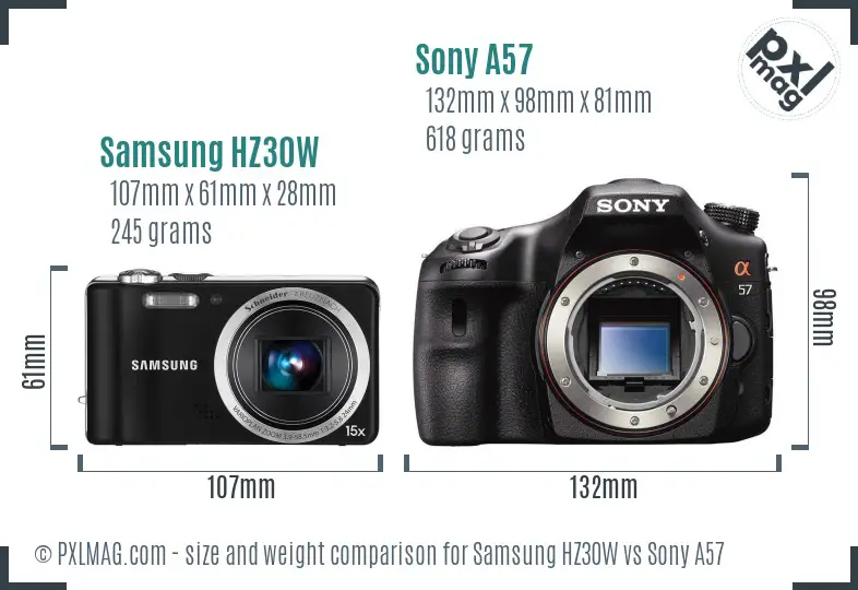 Samsung HZ30W vs Sony A57 size comparison